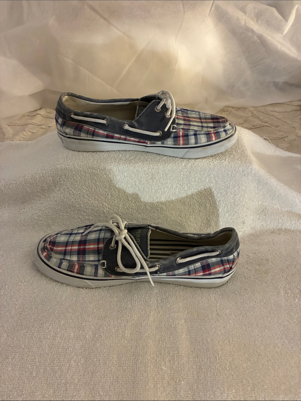 Sperry Top-Sider Plaid Boat Shoes -Navy,White & Red signature lining